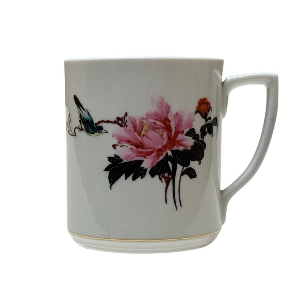 Hand Painted Peony & Bird Bone China Coffee / Tea Mug